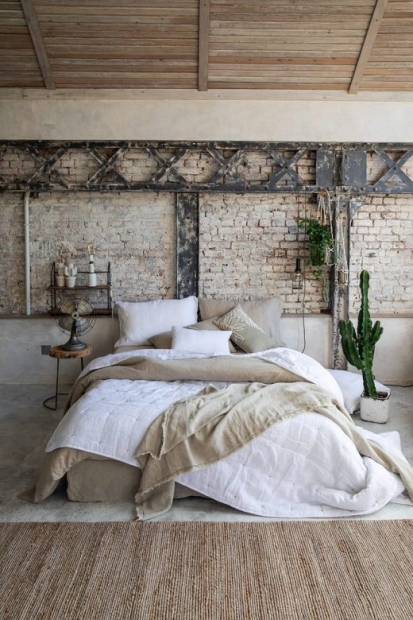 Chambre à coucher avec un grand lit et un cactus